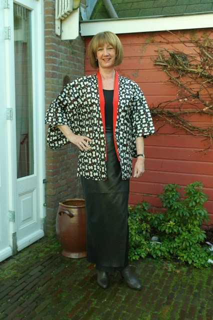 Black leather skirt and kimono