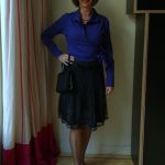 Party skirt with purple blouse and cream blouse