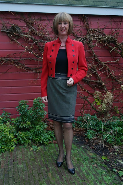 Red short jacket and black & white skirt