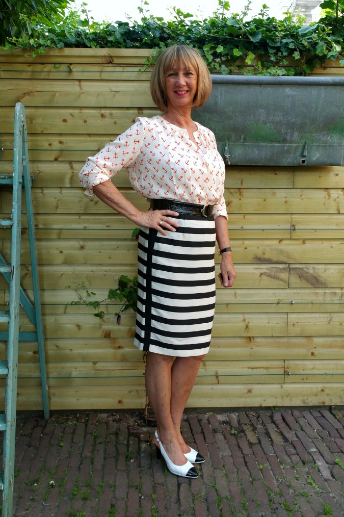 Anchor blouse with B&W striped skirt 1