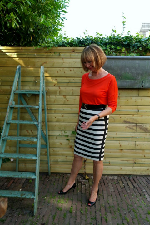 Black & white striped skirt with several tops - No Fear of Fashion