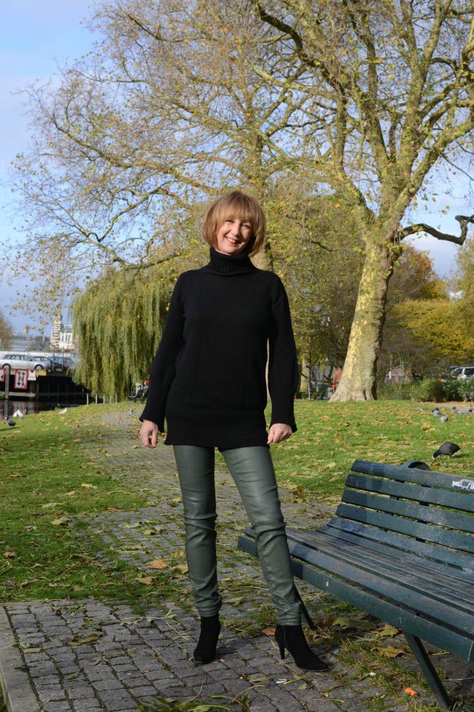 Green coated skinnies and black sweater 3