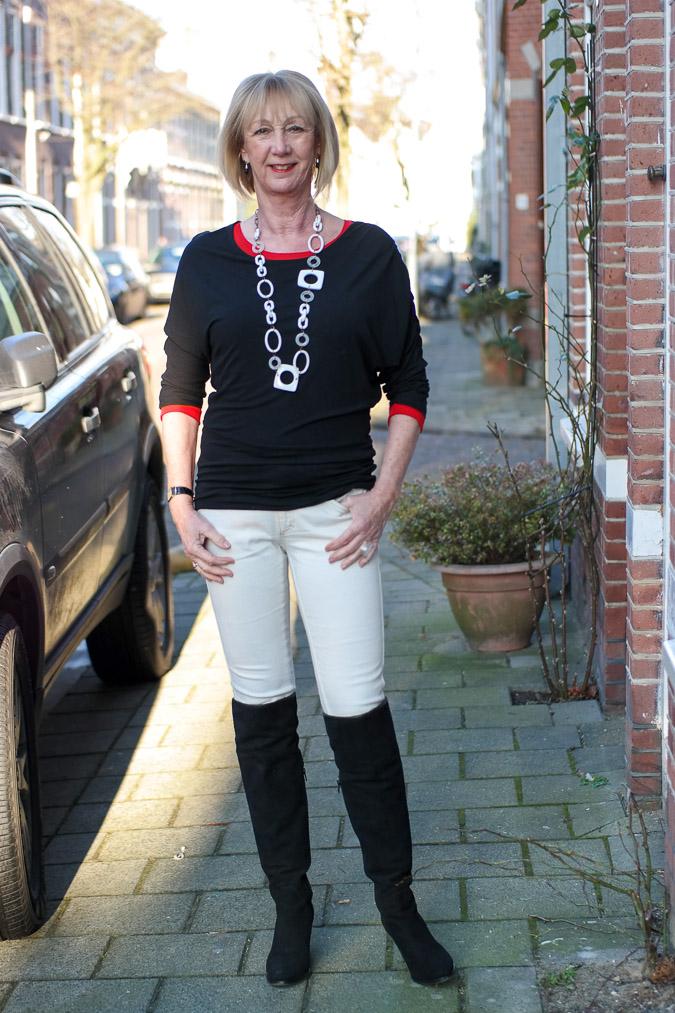 Black, cream and red outfit with OTK boots