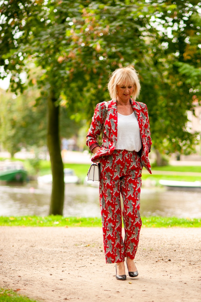 Red trouser suit