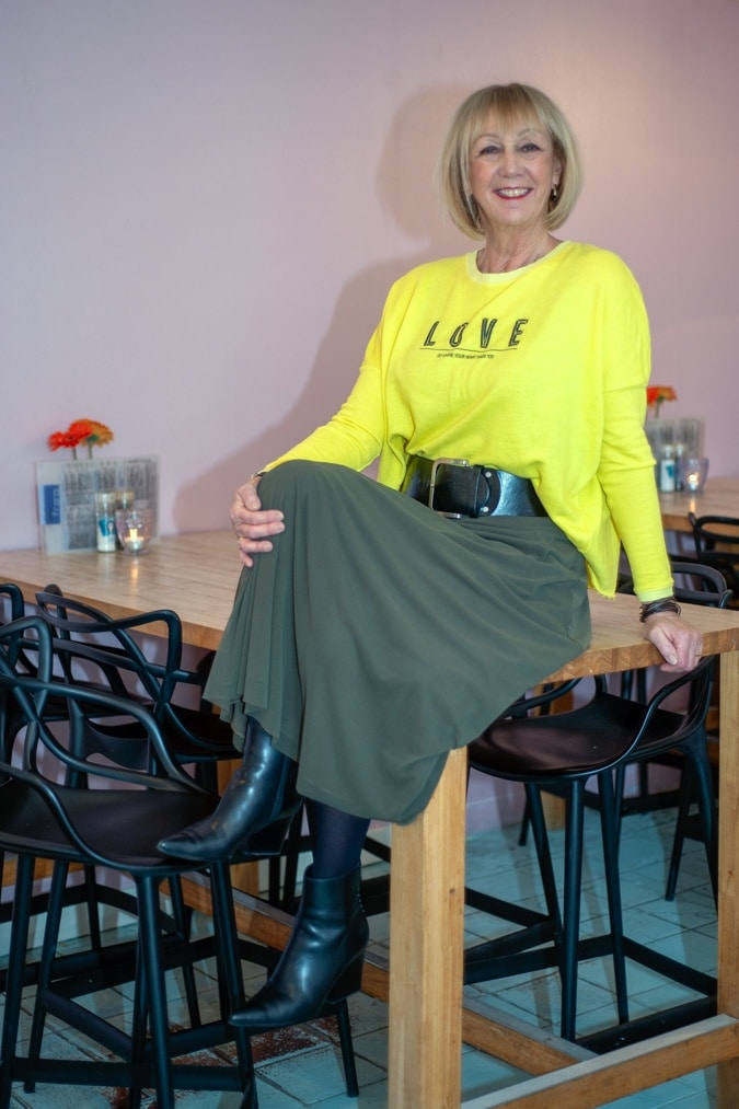 Long green skirt with yellow sweater
