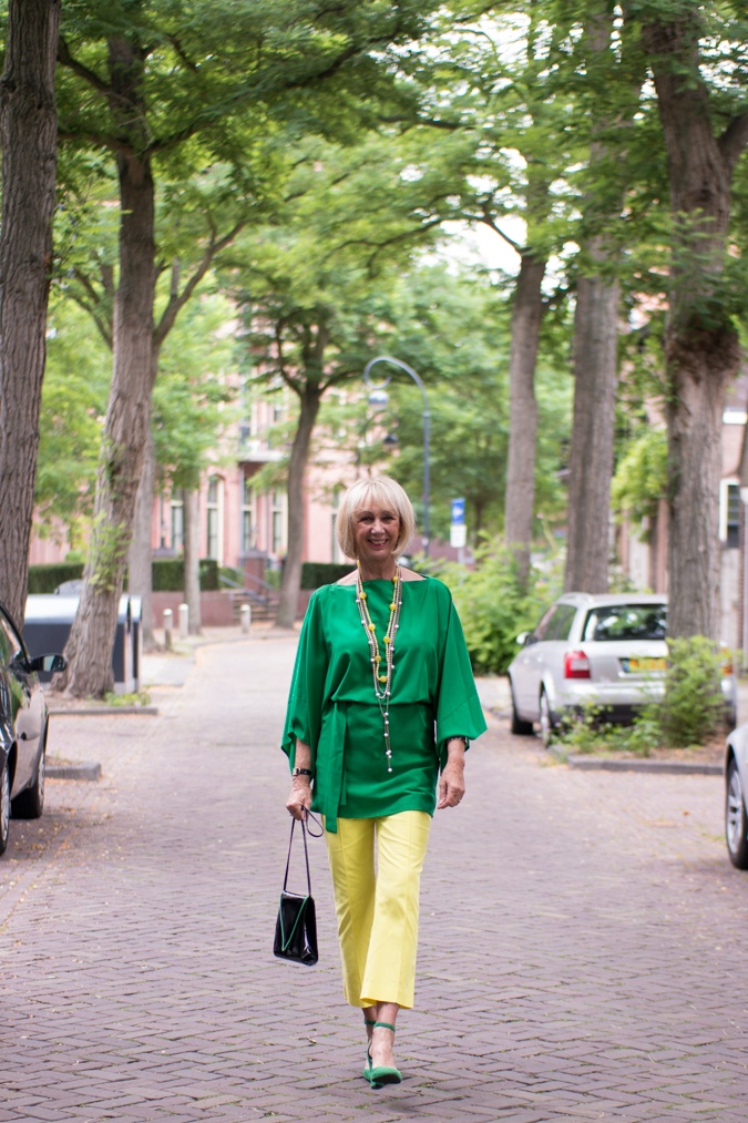 Lemon yellow trousers with a green kimono top