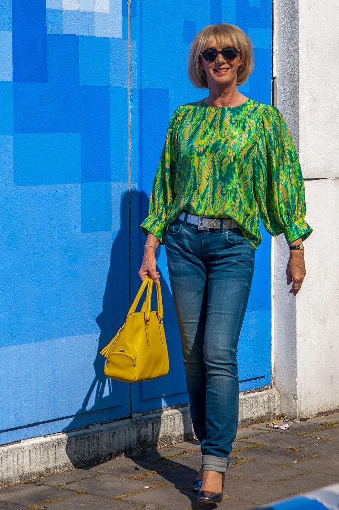 Green and yellow silk blouse