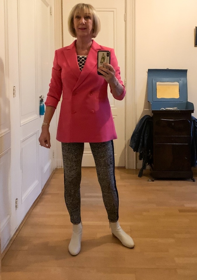 Bright pink jacket with houndstooth leggings