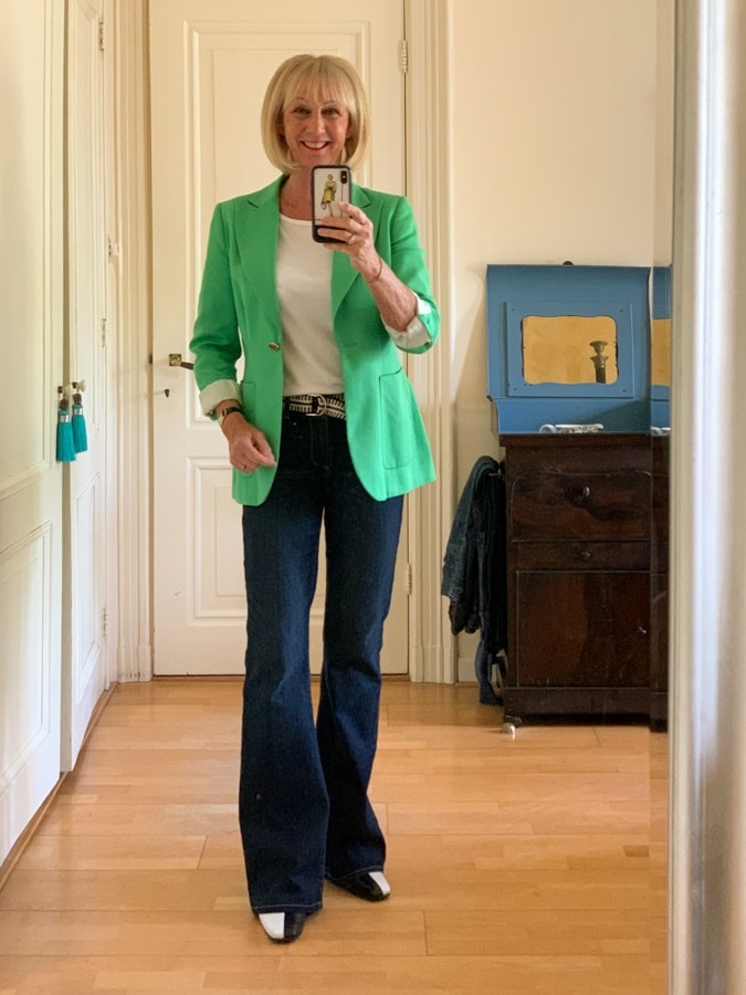 Outfit Monday, green jacket with flared trousers