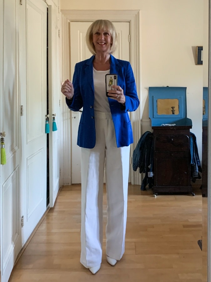 wide white trousers with bright blue jacket