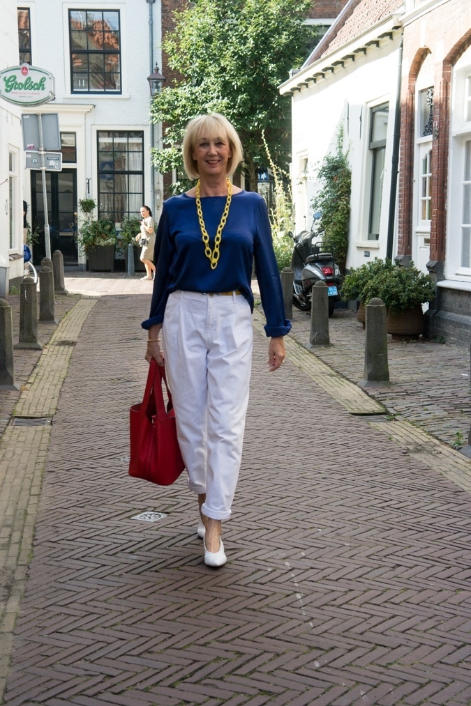 White trousers with a blue top