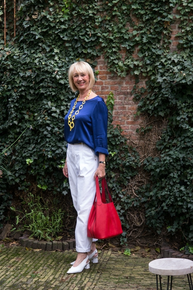 White trousers with a blue top