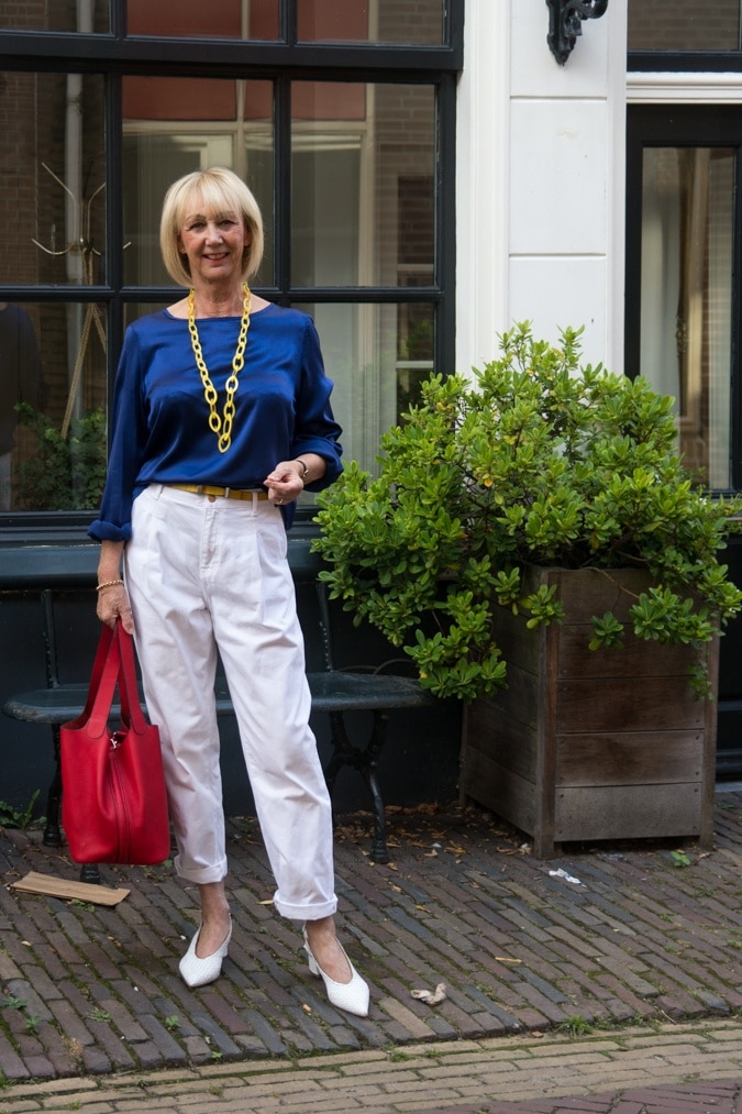 white trousers with a blue top