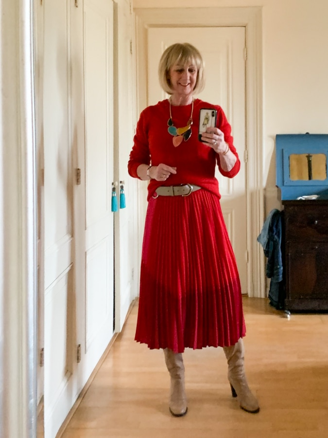 red and pink pleated skirt
