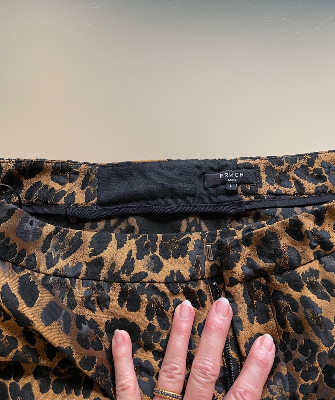 Work of the seamstress on my leopard print trousers