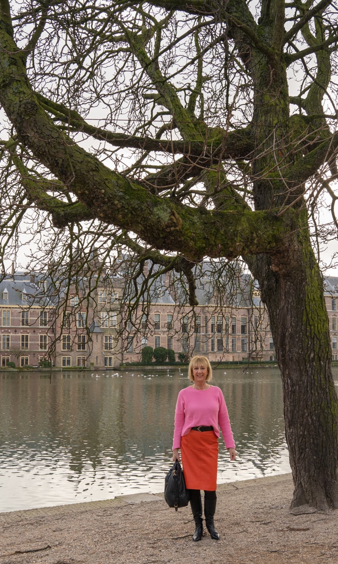 Orange leather skirt with a pink jumper
