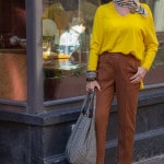 Cognac coloured trousers with a yellow Kenzo jumper
