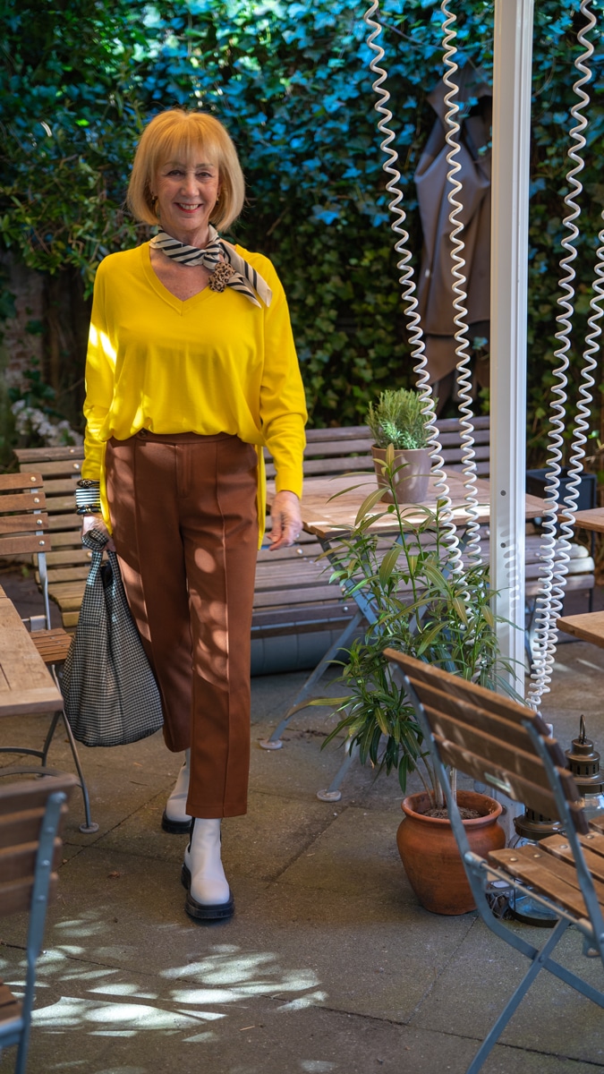 Cognac coloured trousers with yellow Kenzo jumper