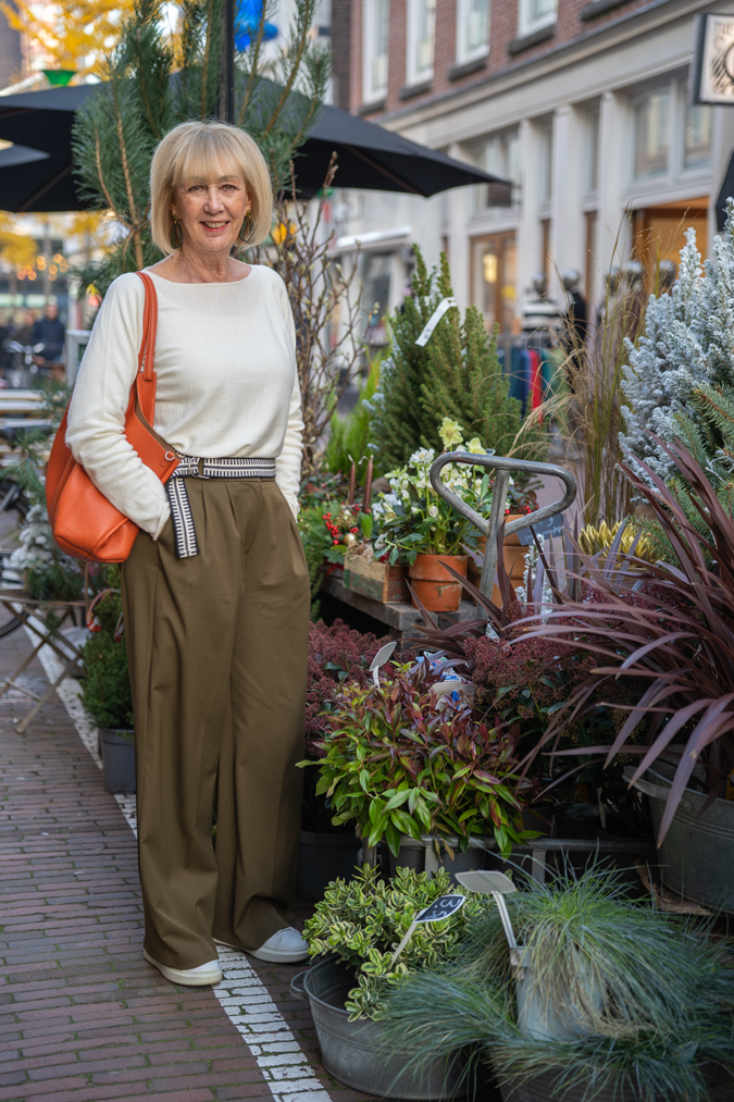Olive coloured wide trousers