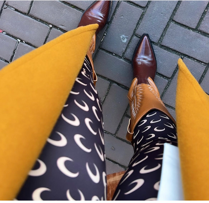 Example patterned trousers with burgundy boots