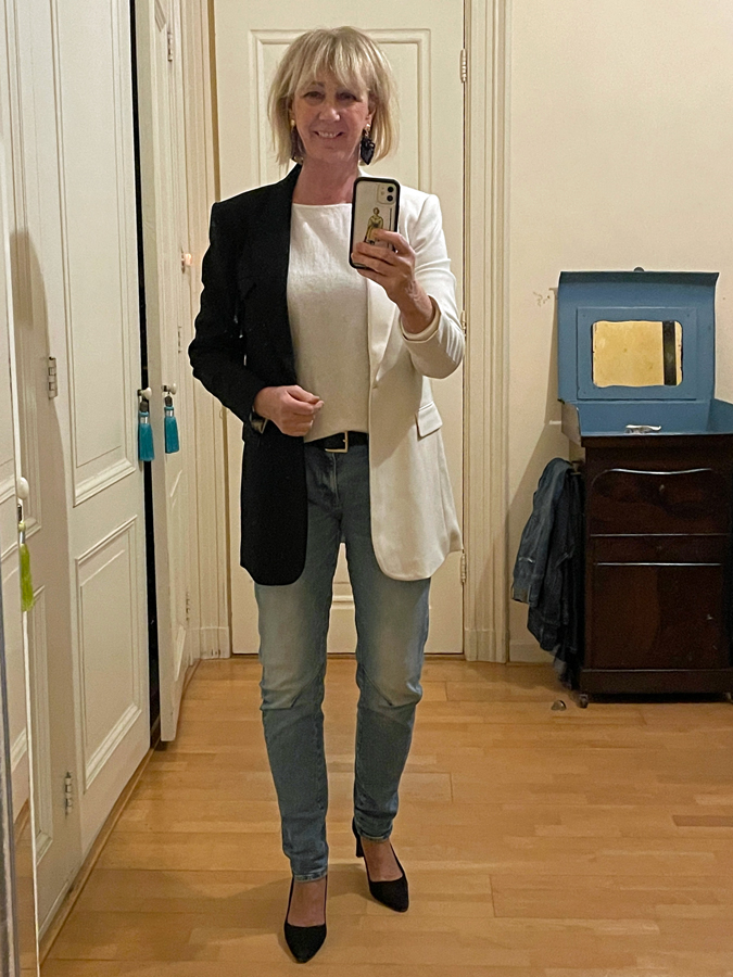 Black and white blazer with jeans