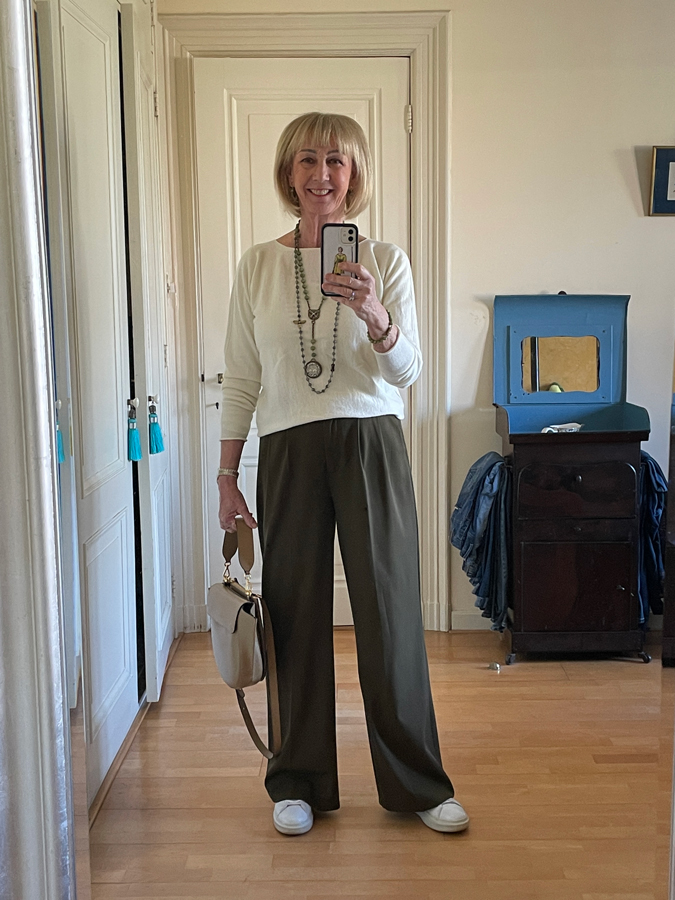 Olive coloured trousers with French Kande jewellery