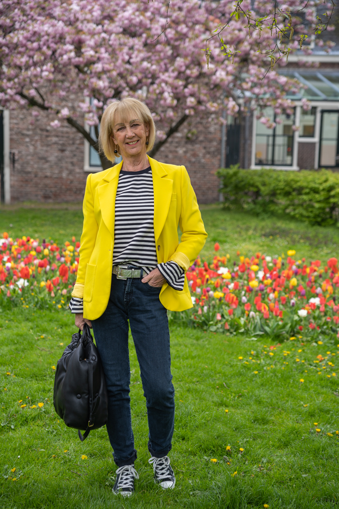 Yellow blazer with a striped top
