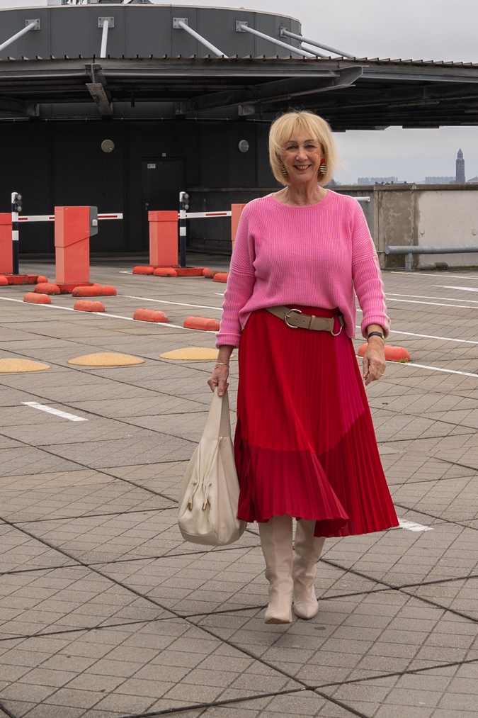 Red and pink skirt outfit