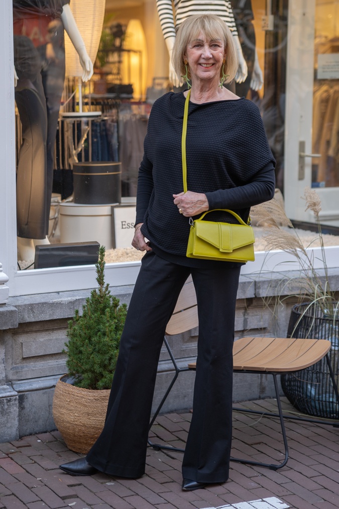 All black outfit with a chartreuse crossbody bag (and the BVA girls)