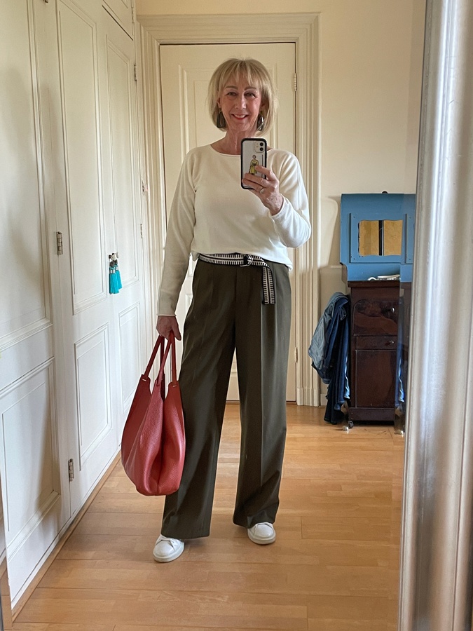 Wide olive coloured trousers