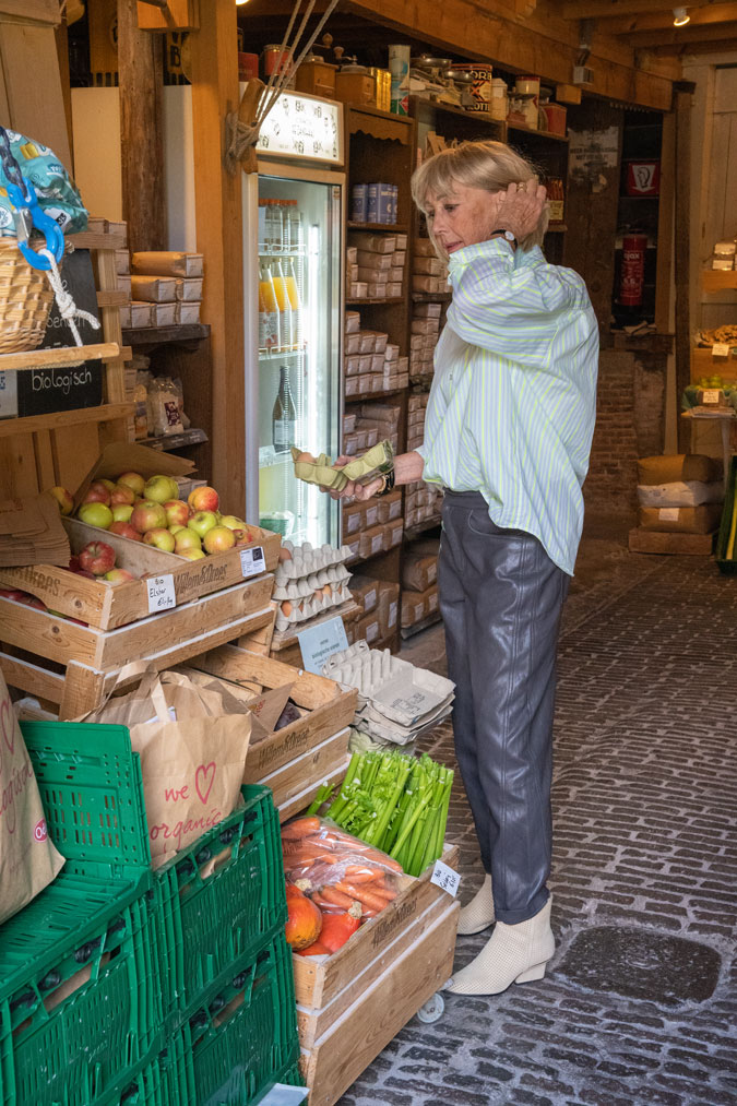 Brown vegan leather trousers in the mill shop