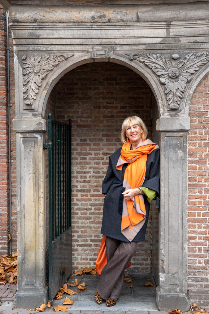 Kimono shaped coat with orange scarf