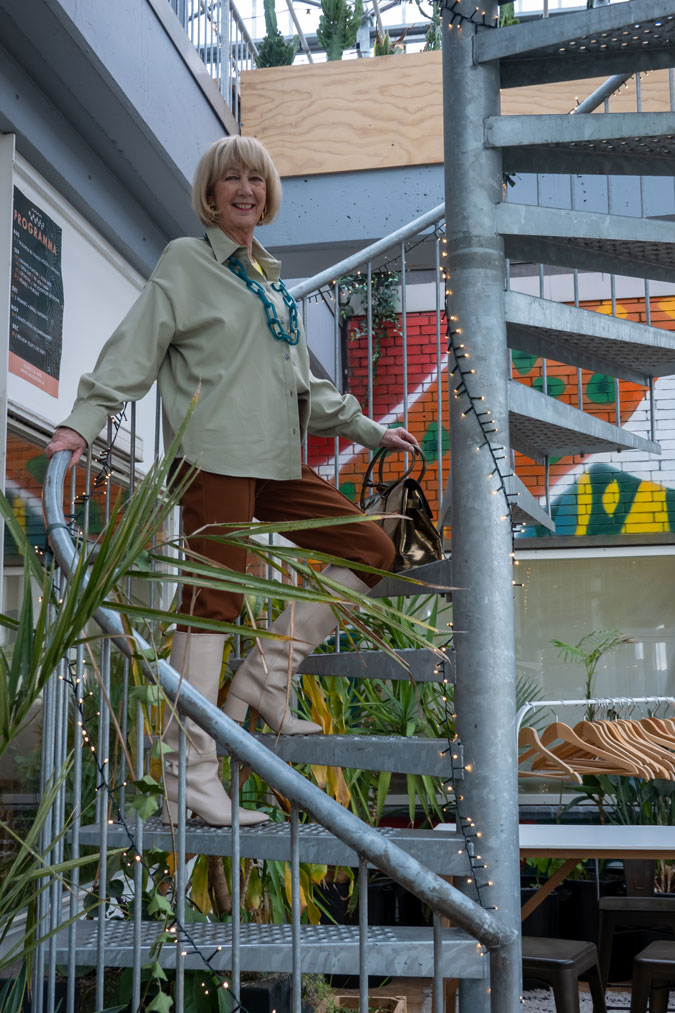 Mint green shirt with brown trousers
