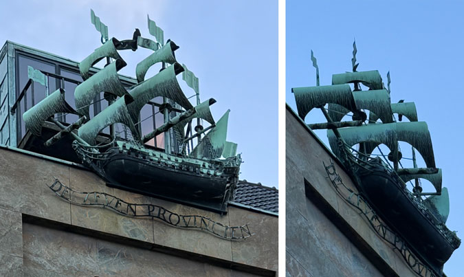 Sailing ship ornament at the top of a building in The Hague