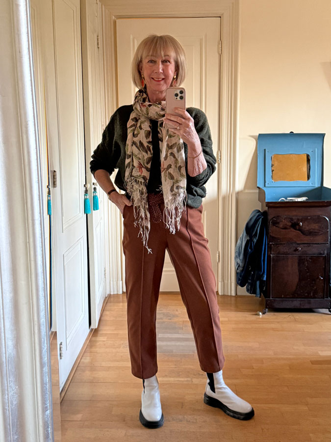 grey/green jumper with cognac coloured trousers