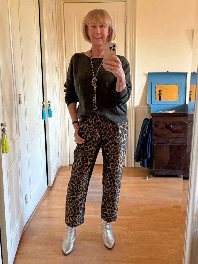 Leopard trousers with grey green jumper