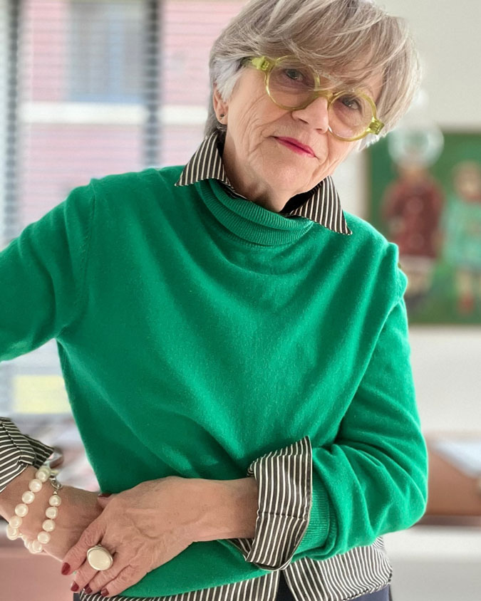 Misja with a black and white striped shirt