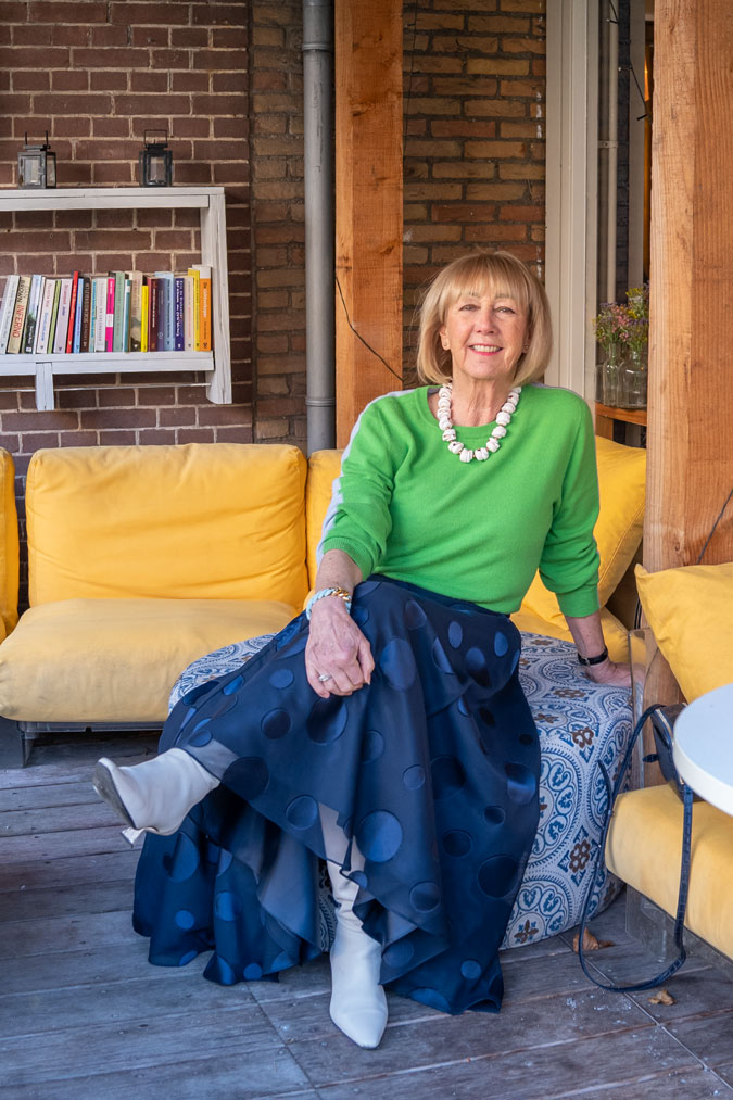 Wide blue skirt with a green jumper