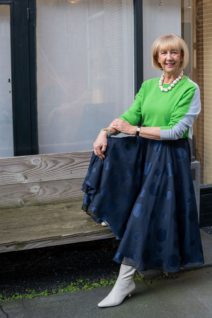 Wide blue skirt with a green jumper
