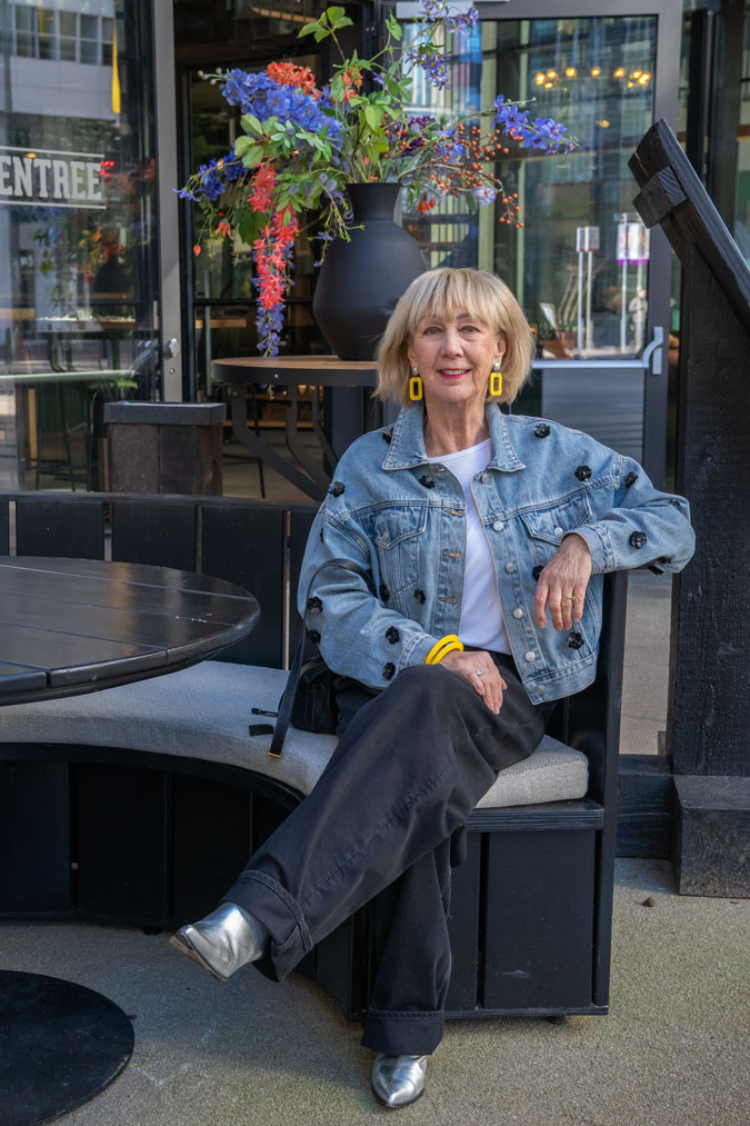 Jeans jacket and black wide leg jeans