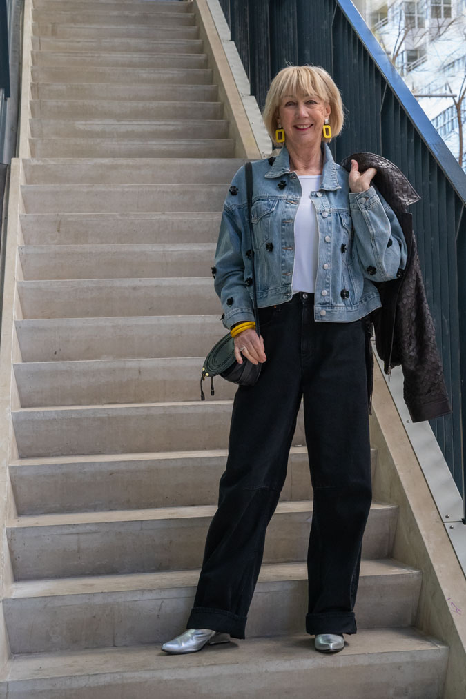 Jeans jacket and black wide leg jeans