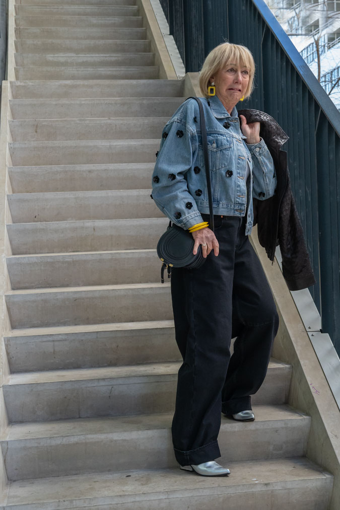 Jeans jacket and black wide leg jeans