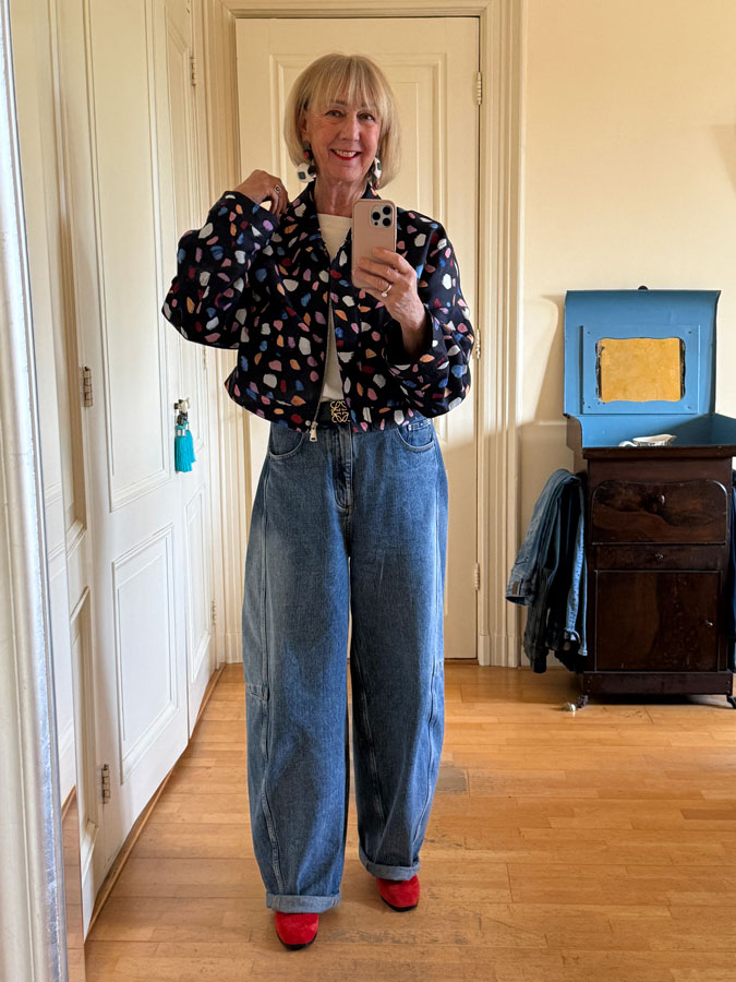 Multi coloured jacket with jeans