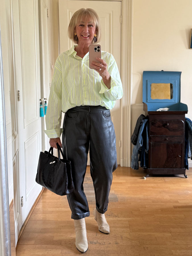 Outfit with neon yellow striped shirt