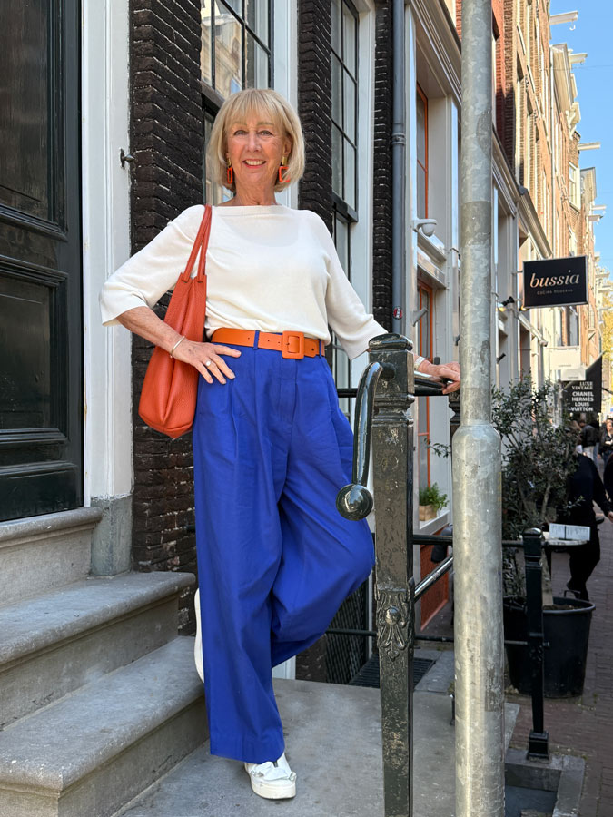Blue, white and orange outfit