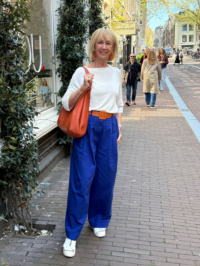 Blue, white and orange outfit