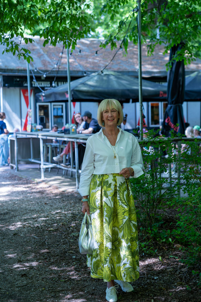 Green and white floral skirt with a cropped white blouse