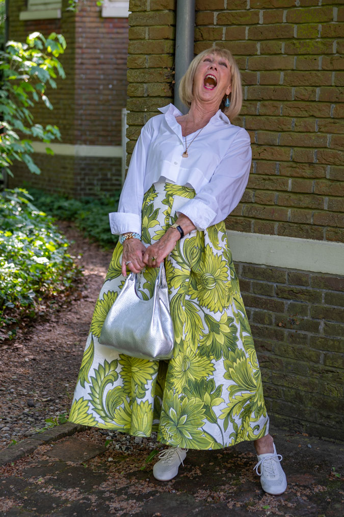 Green and white floral skirt with a cropped white blouse