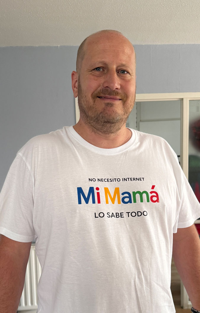 Marianne's son in a fun T-shirt