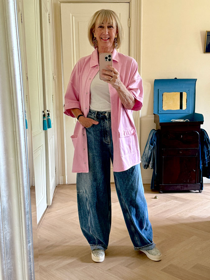 Pink jacket with wide leg jeans